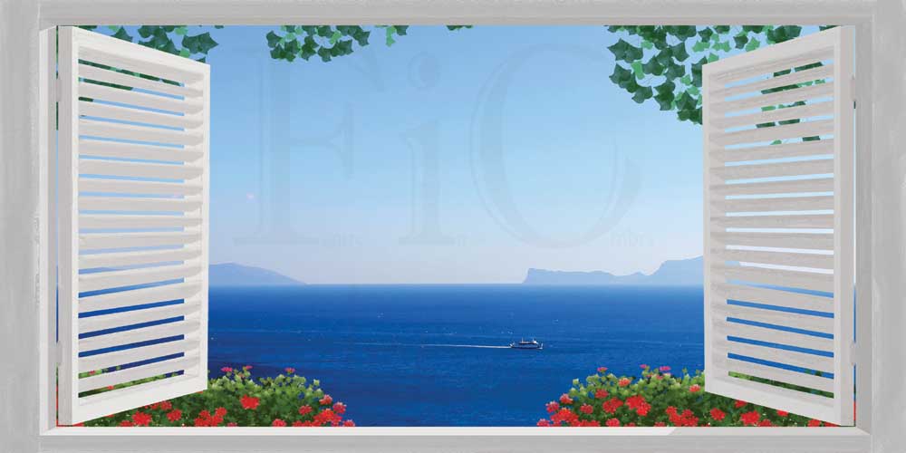 Finestra bianca con ante aperte sul mare blu - WS-F629