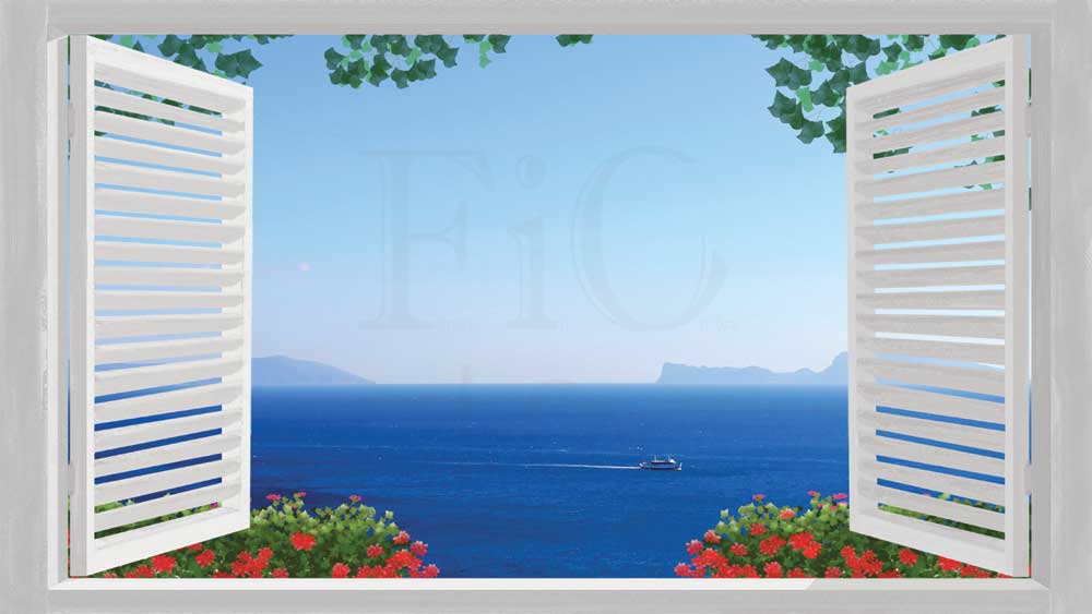 Finestra bianca con ante aperte sul mare blu - WS-F629