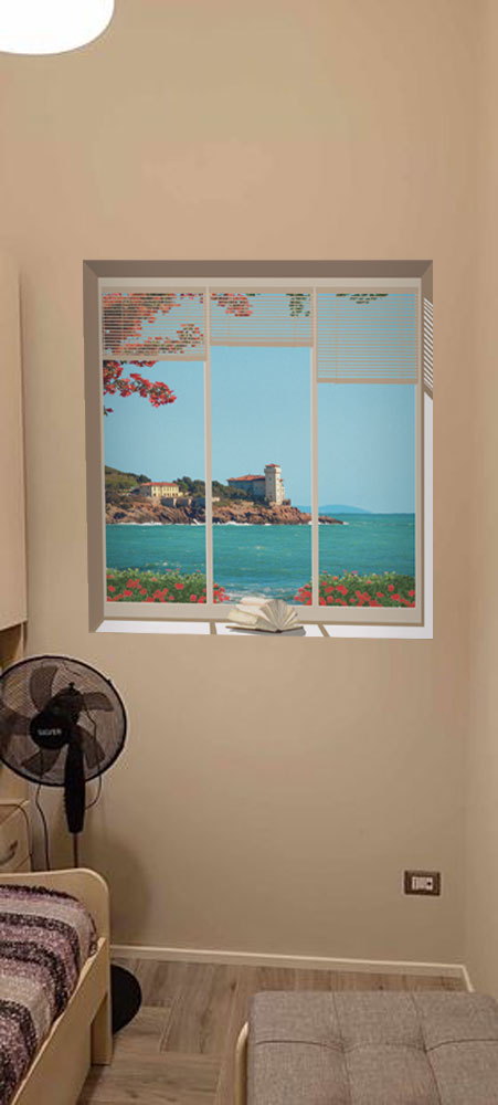 Vetrata sul mare con fiori rossi - WS-VETR-142