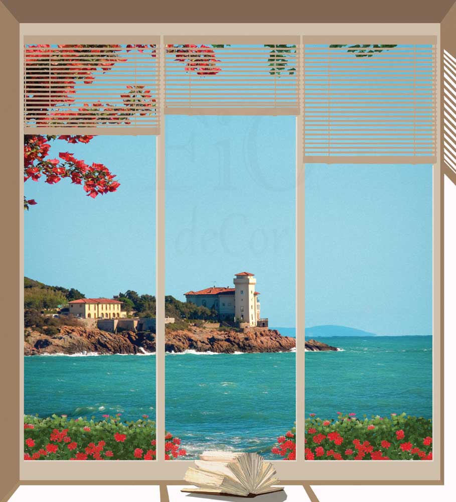 Vetrata sul mare con fiori rossi - WS-VETR-142