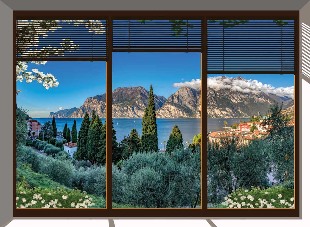 Vetrata su lago e monti con fiori bianchi - WS-VETR-146