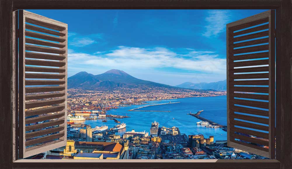 Finestra legno scuro sul golfo di Napoli - F500