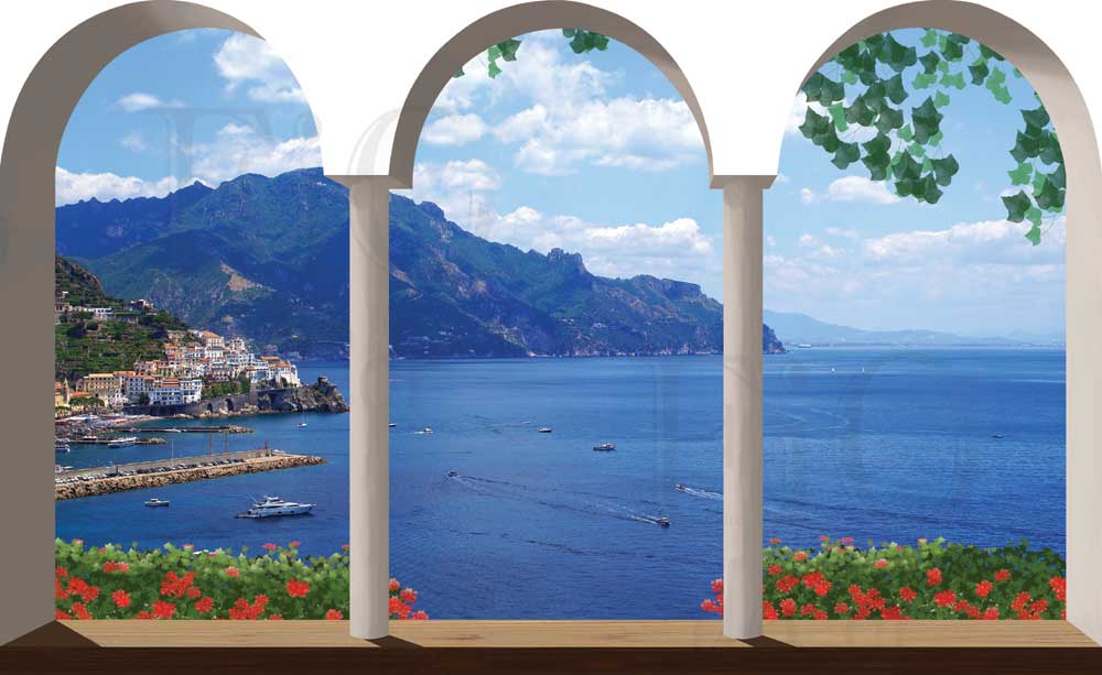 Finestra ad archi con fiori su Amalfi - F570