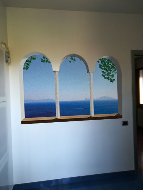 Finestra ad archi sul mare con sfondo Capri - SCG-F522