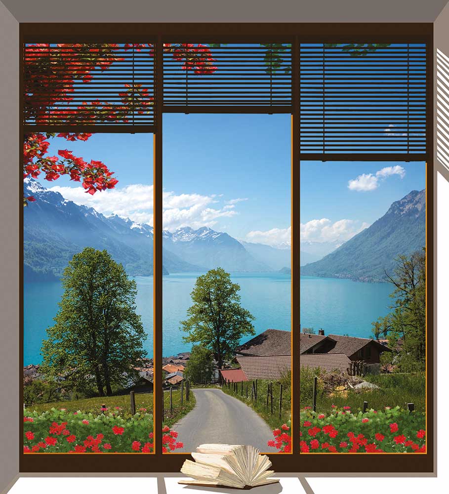Vetrata sul lago con fiori rossi - WS-VETR-155